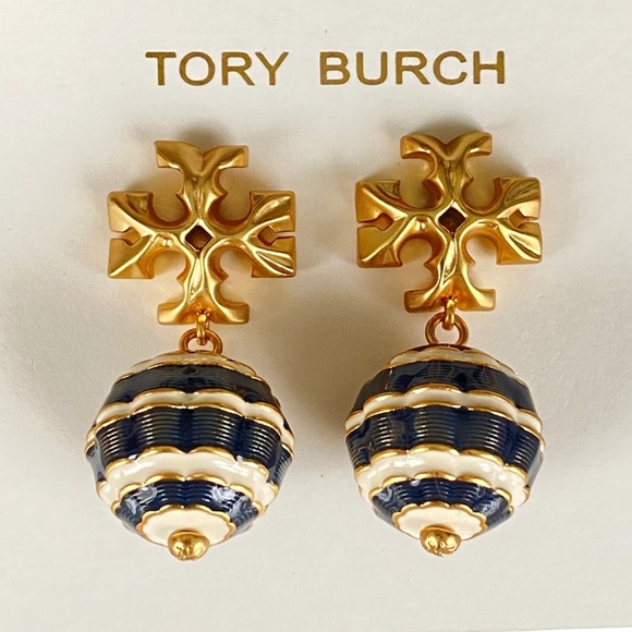 NWT Tory Burch Roxanne Small Drop Earrings Navy Rtl $215 - Picture 1 of 5